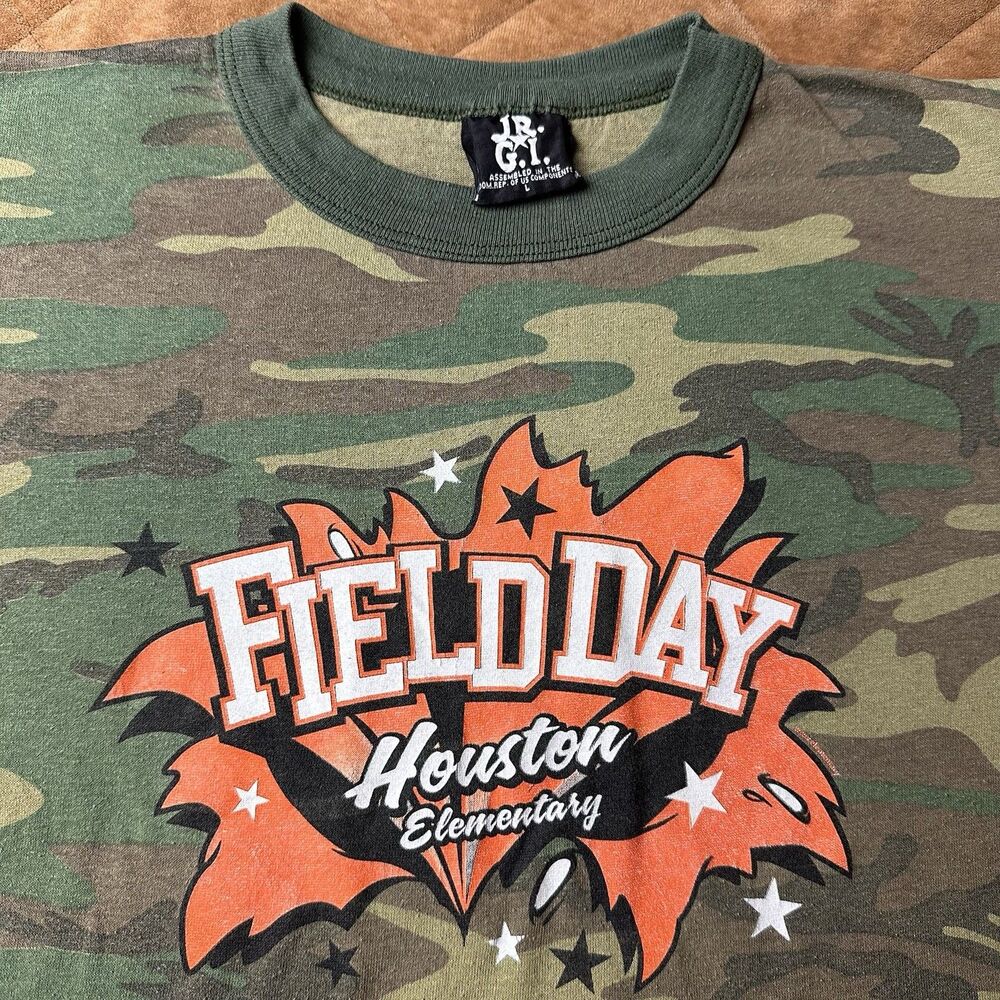 Vintage Jr GI Woodland Camo Shirt Youth Large Houston Elementary Field Day Tee